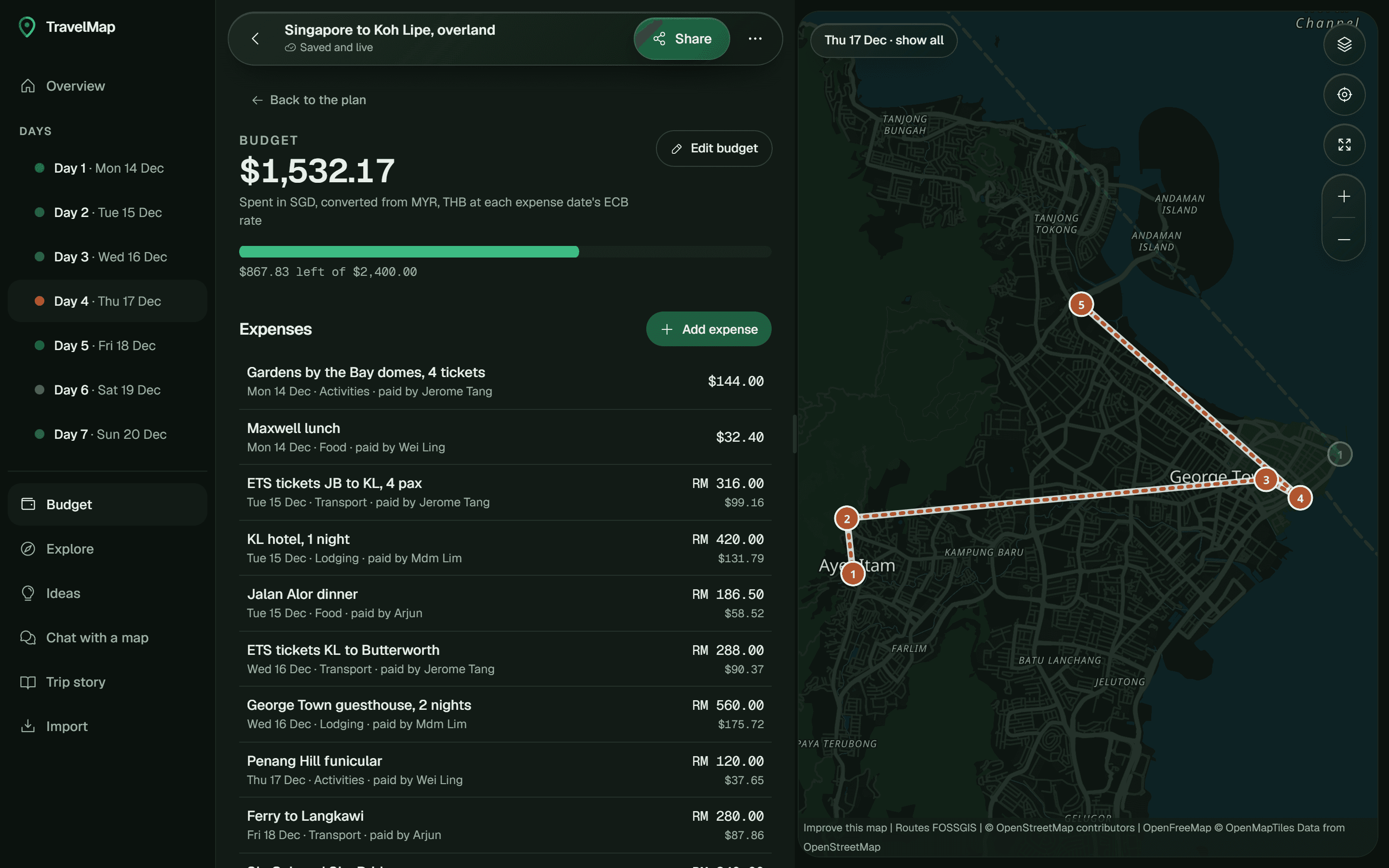The budget: one total in Singapore dollars and who owes who