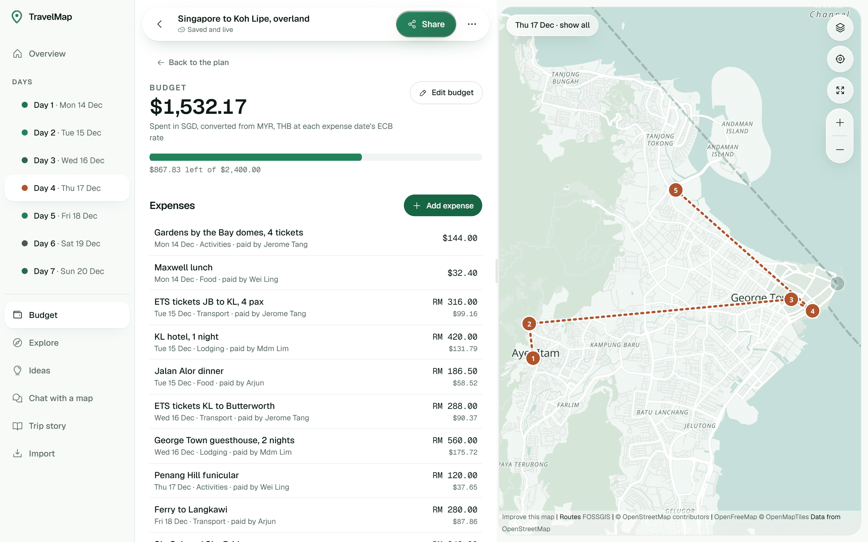 The budget: one total in Singapore dollars and who owes who