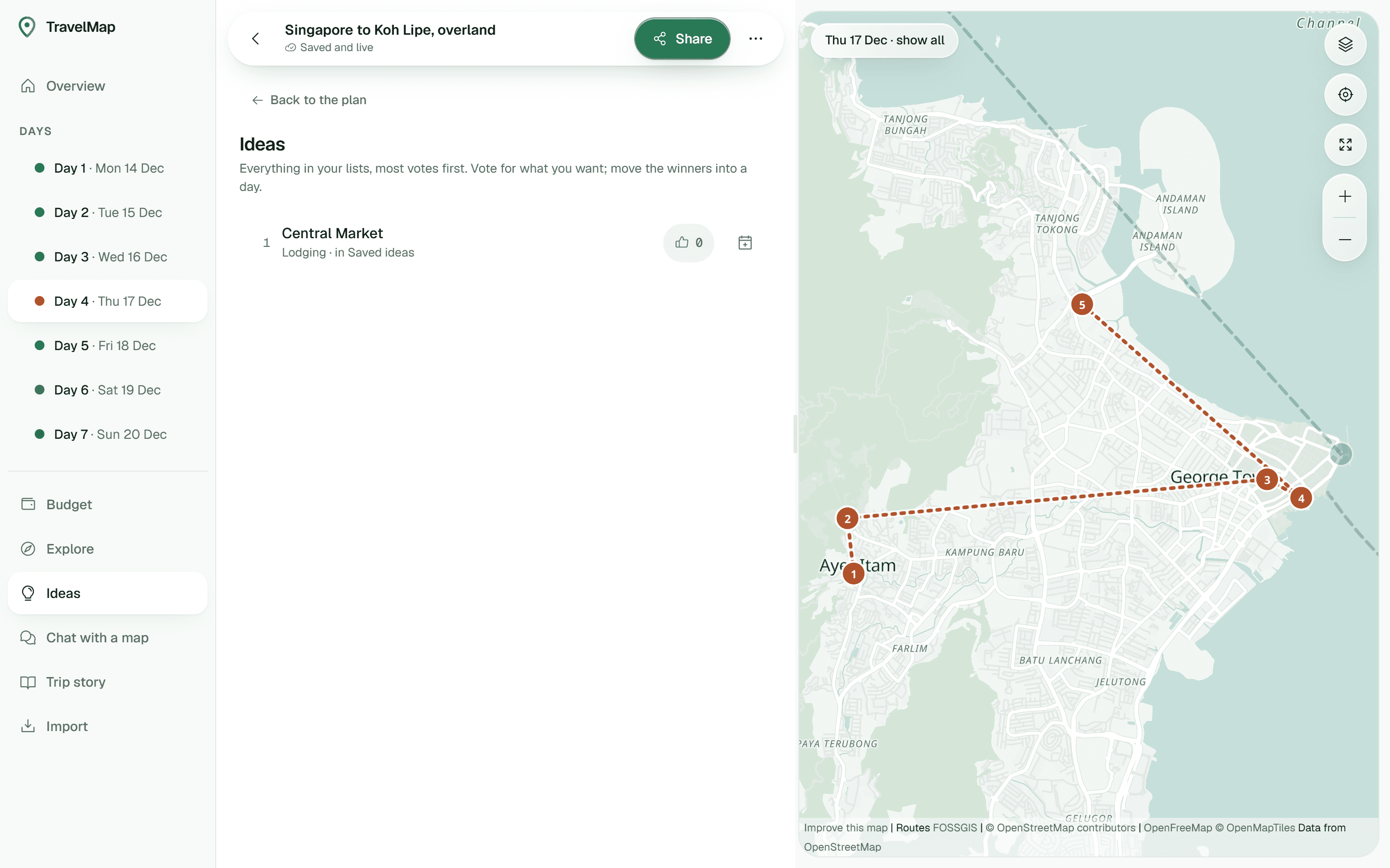 The Ideas view, with places sorted by votes