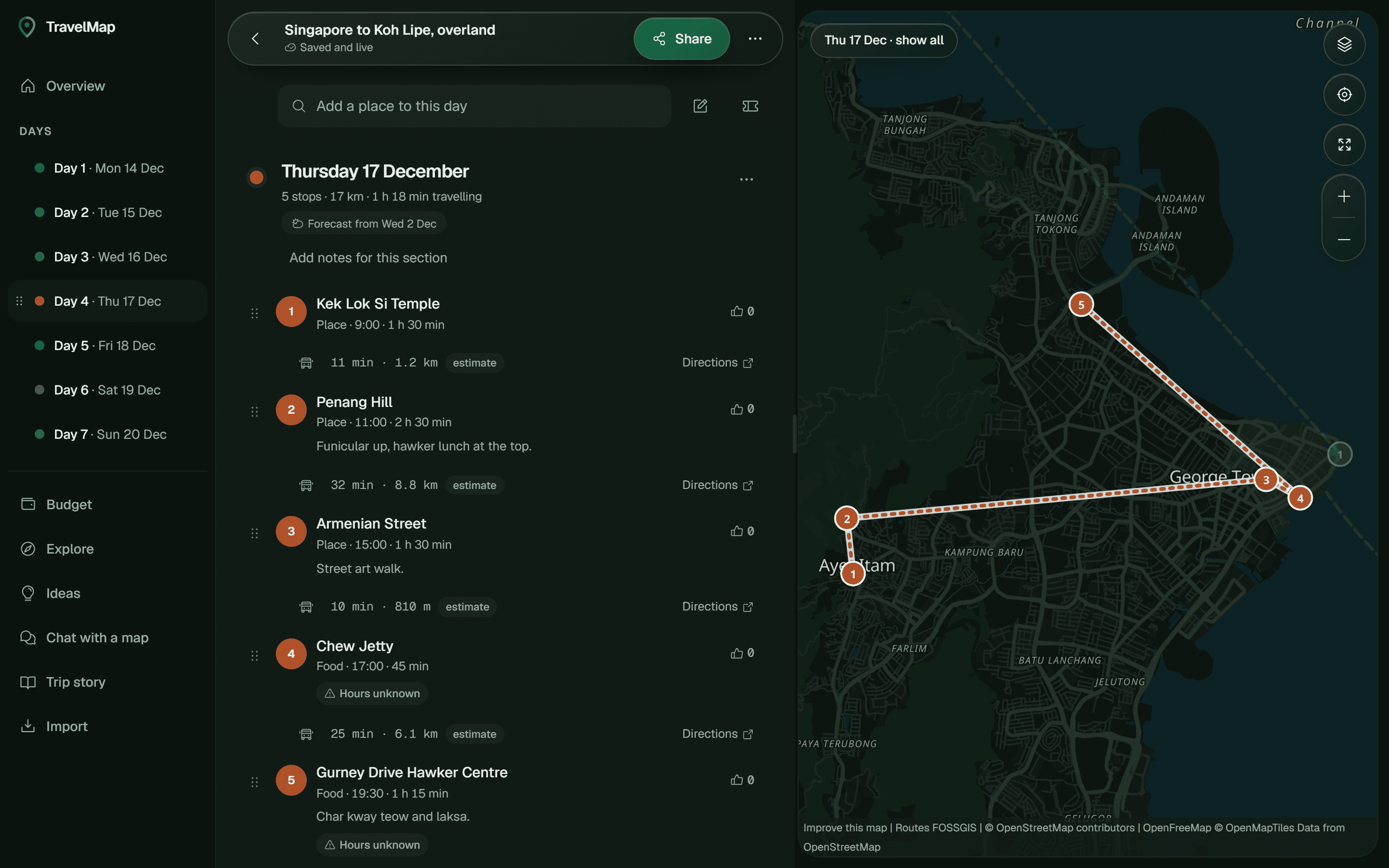 A TravelMap trip: day 4 in George Town with five numbered stops, travel times between them and the route on the map