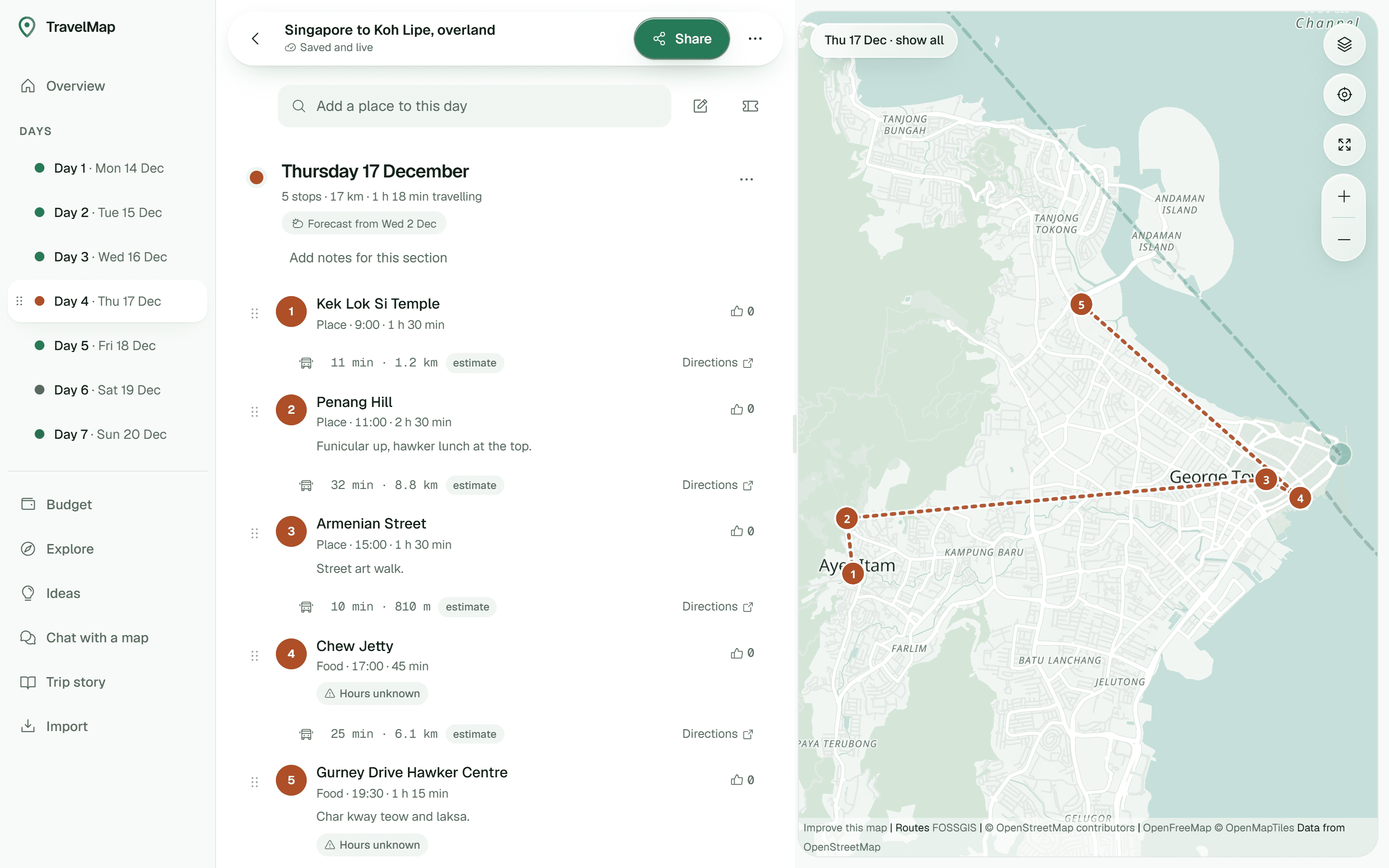 A TravelMap trip: day 4 in George Town with five numbered stops, travel times between them and the route on the map