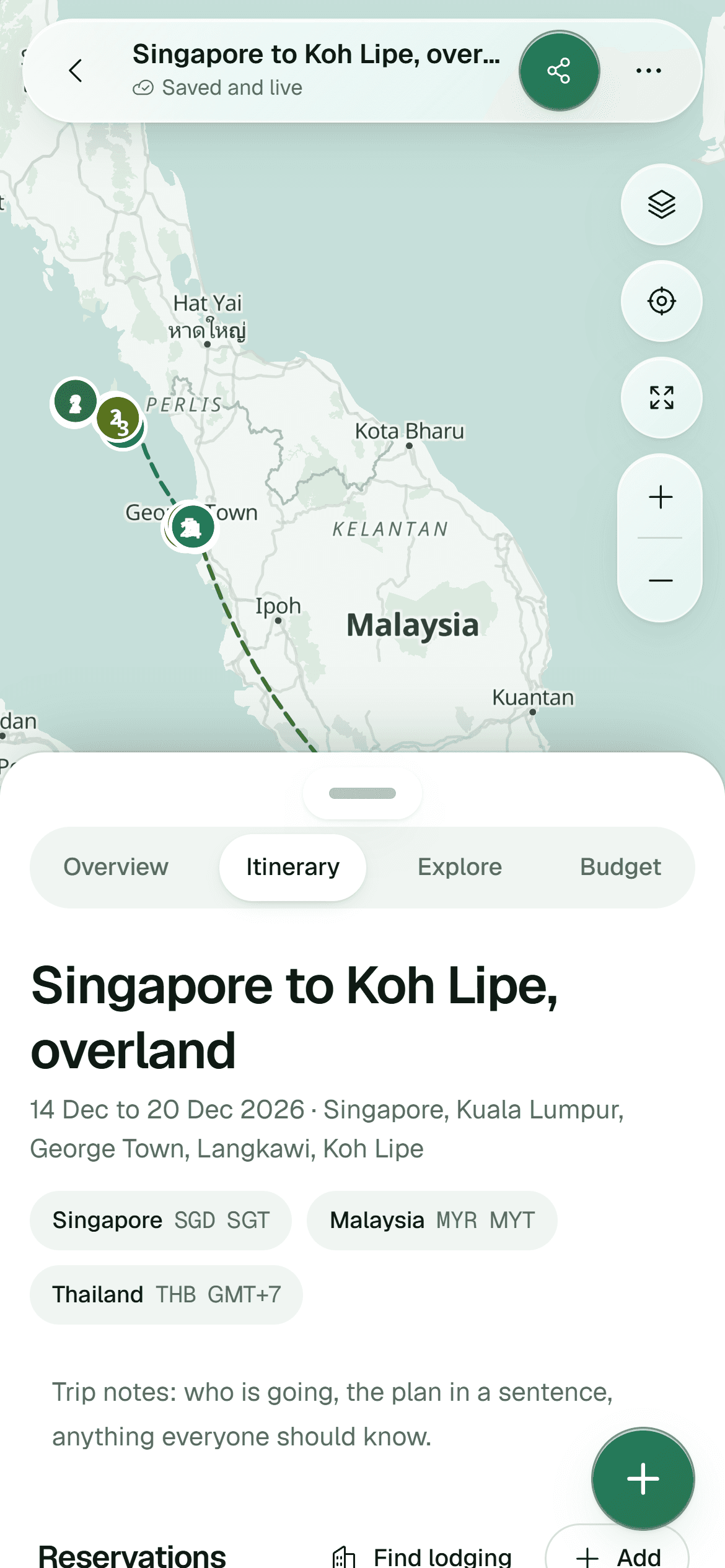 TravelMap on a phone: the map with a sheet holding the trip